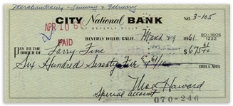 Moe Howard Check Signed to Larry Fine -- Endorsed by Larry on Verso -- Dated 29 March 1961 With Note ''Merchandising-January & February'' -- Very Good Condition